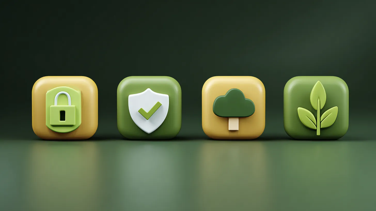 3D isometric illustration of four foundational pillars representing security, performance, maintainability, and resilience in websites