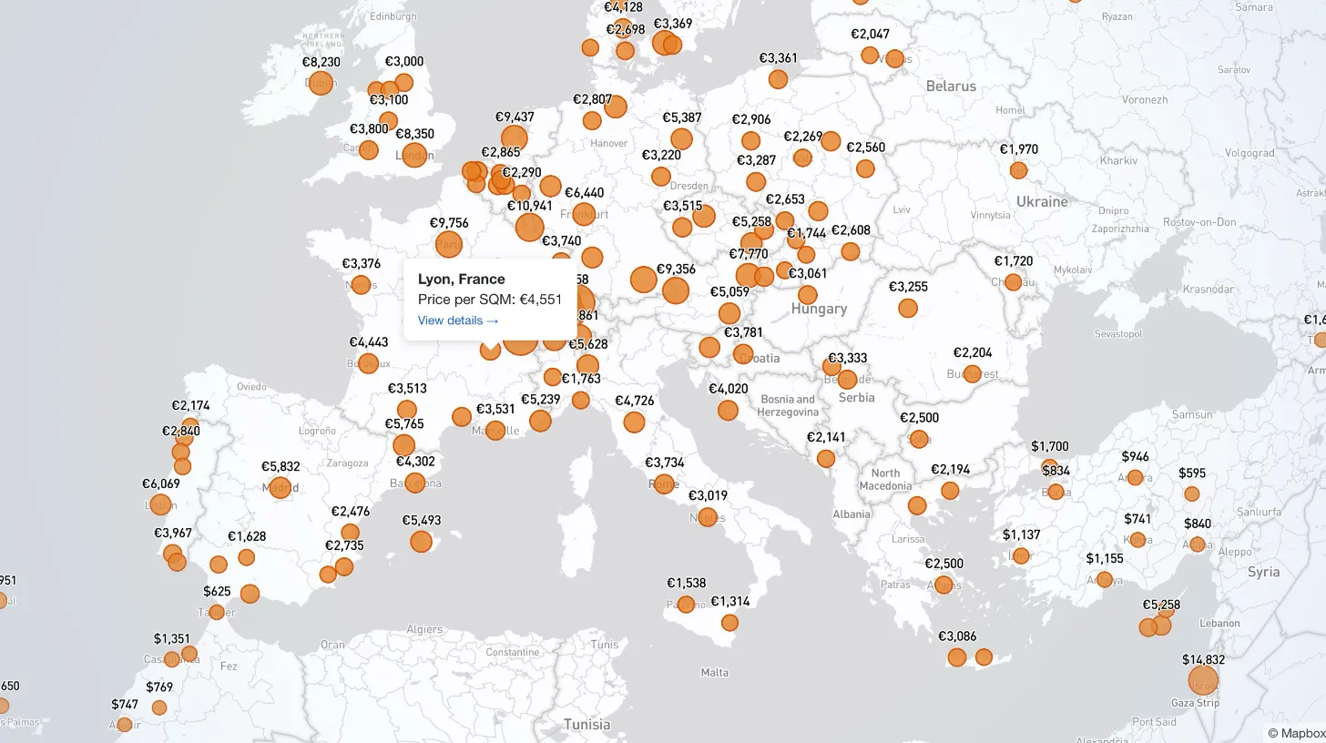 Mapbox GL JS globe visualizing 38+ real estate metrics across 80+ countries