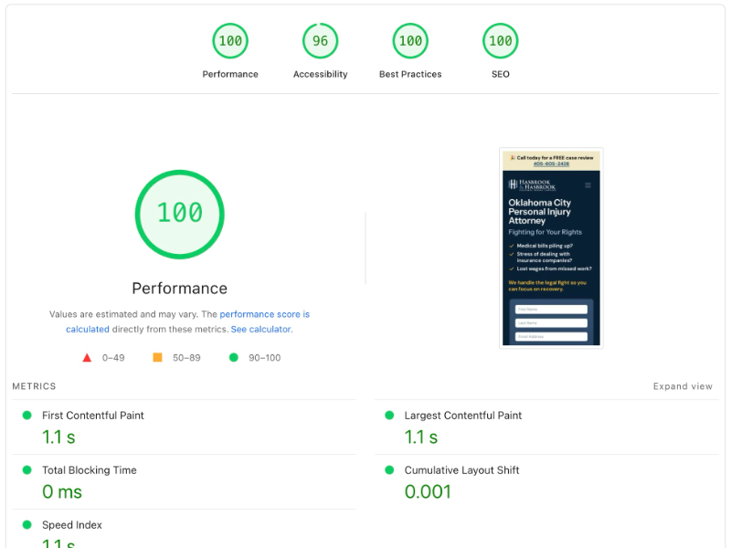 Pagespeed score screenshot