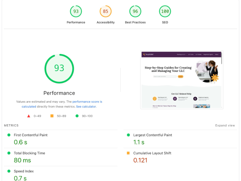 Pagespeed score screenshot